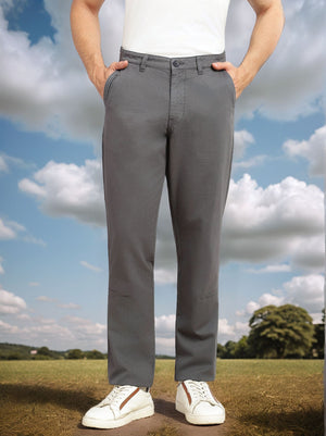 Charcoal Cricket Club Collection Straight Fit Mid-Rise Solid 4 Pockets 100% Cotton Woven Chinos Trouser