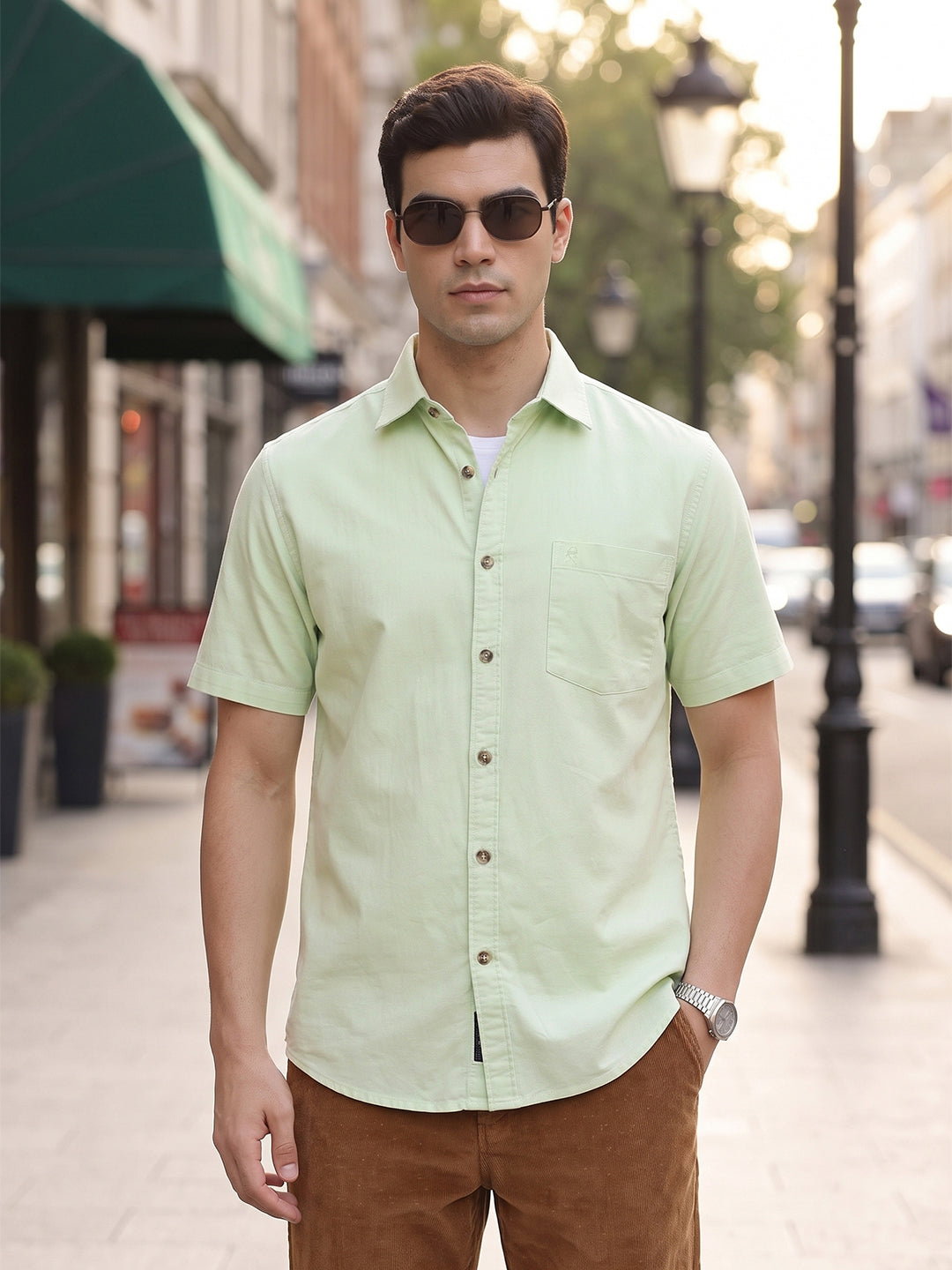 Pista Regular Fit Short Sleeve Spread Collar Solid Oxford Cotton Casual Shirt For Men