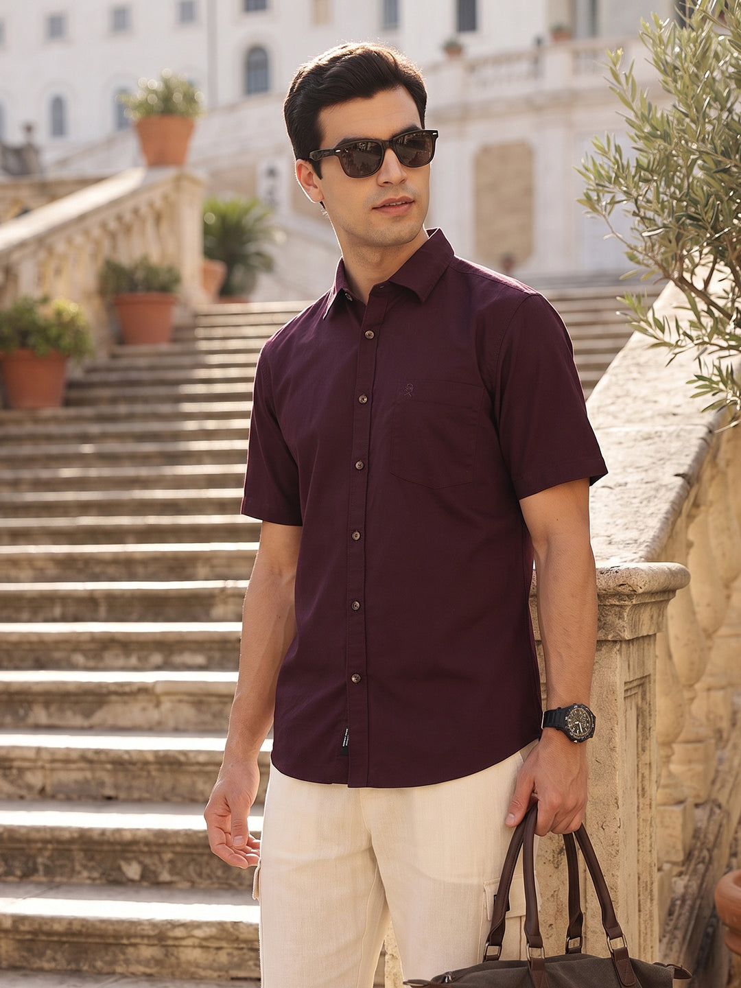 Wine Regular Fit Short Sleeve Spread Collar Solid Oxford Cotton Casual Shirt For Men