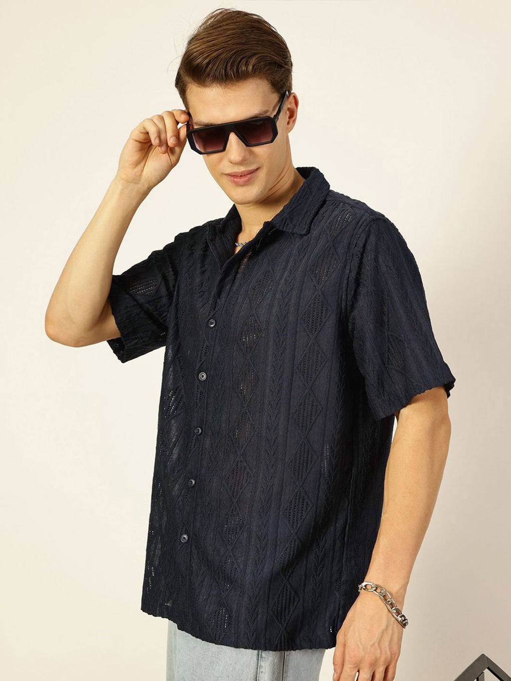 Navy Premium Oversized Short Sleeves Spread Collar Textured Casual Shirt For Men