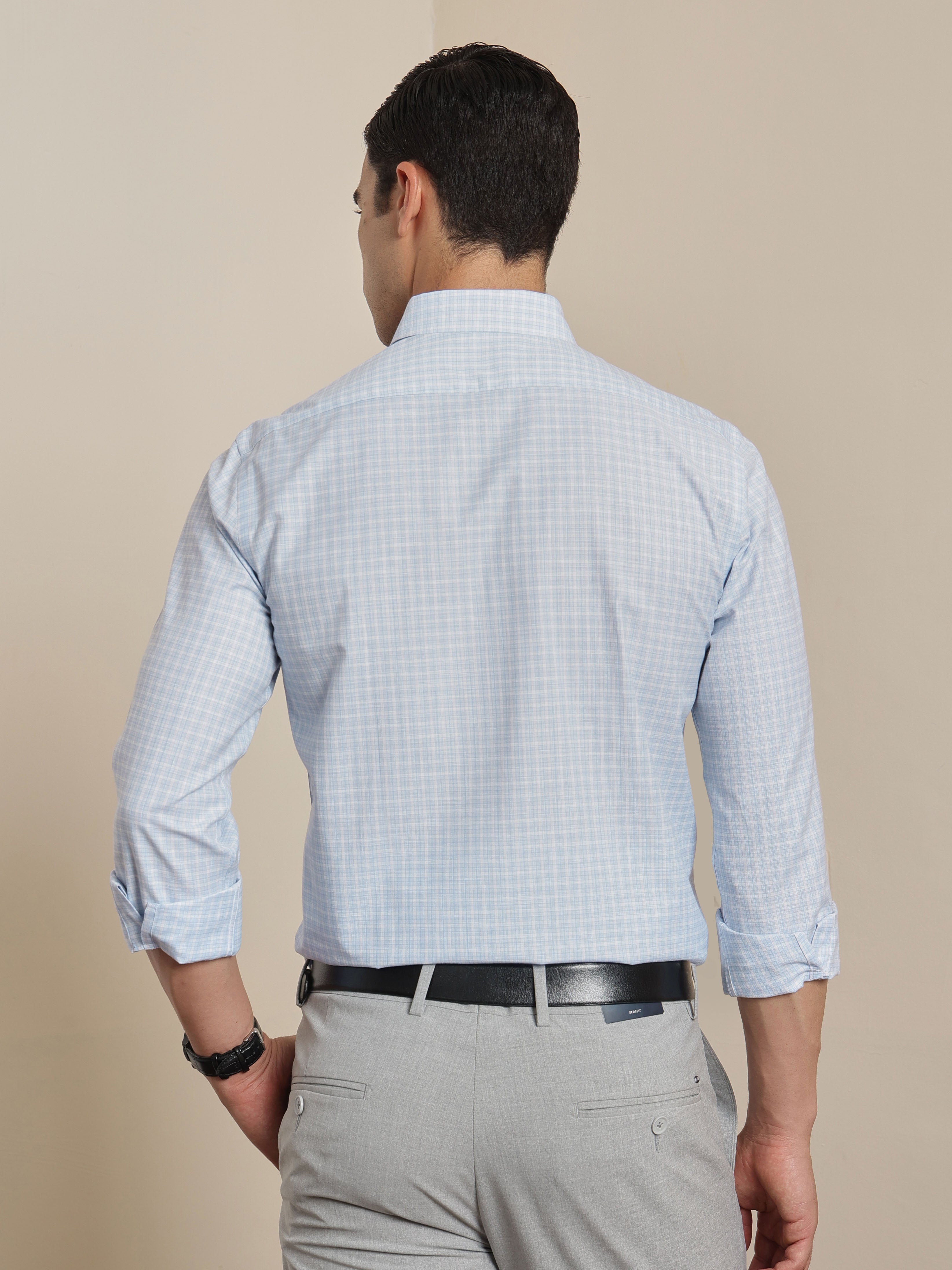 Thomas Scott Men Smart Blue Regular Fit Long Sleeves Button Down Collar Micro Checks Formal Shirt