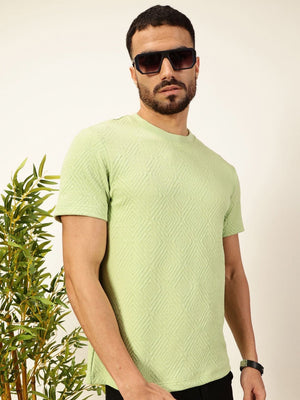 Lime Green Regular Fit Short Sleeves Round Neck Solid Knitted Tshirt For Men