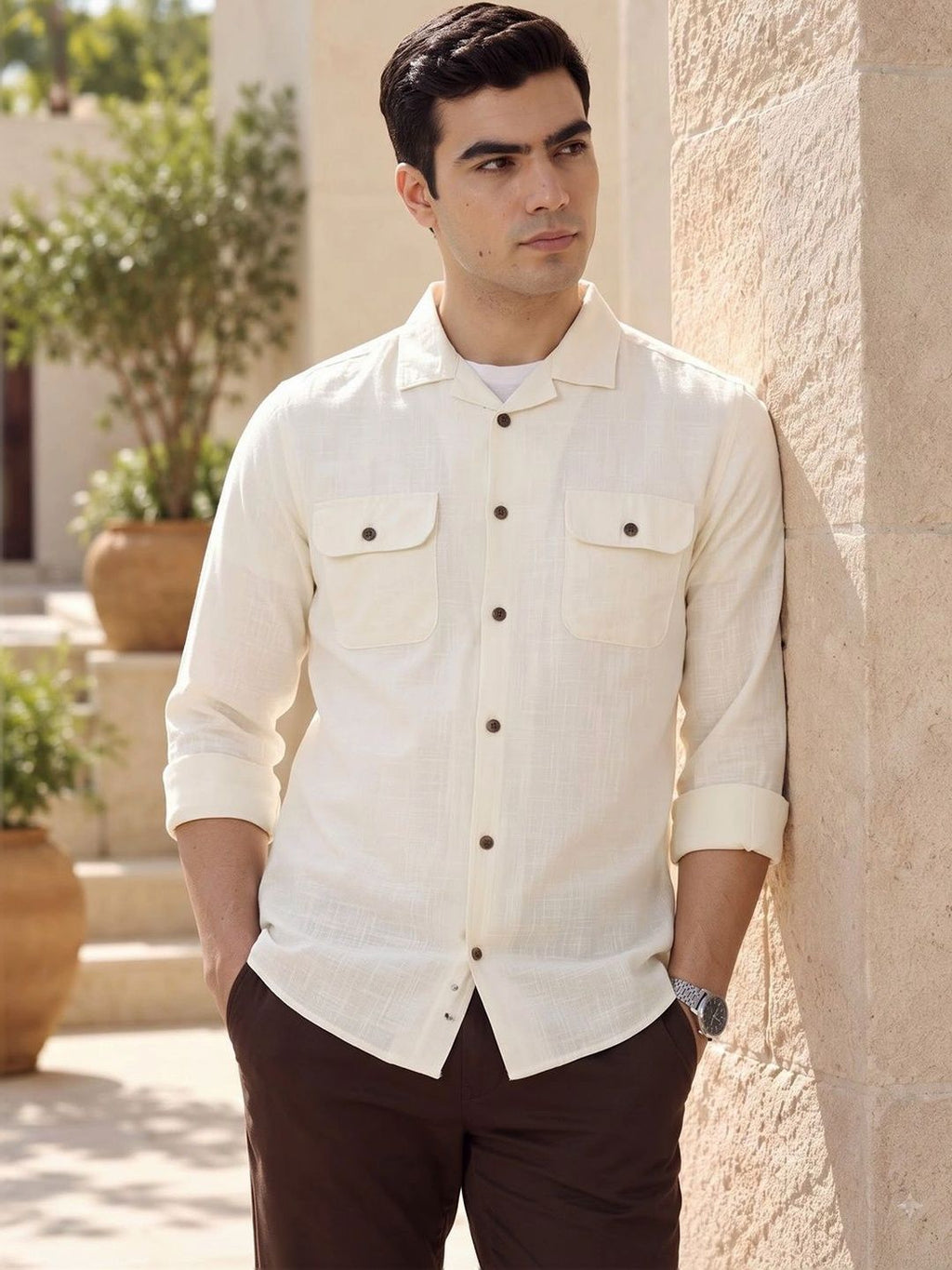 Cream Regular Fit Long Sleeves Cuban Collar Solid Cotton Linen Knitted Shacket For Men
