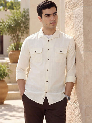 Cream Regular Fit Long Sleeves Cuban Collar Solid Cotton Linen Knitted Shacket For Men