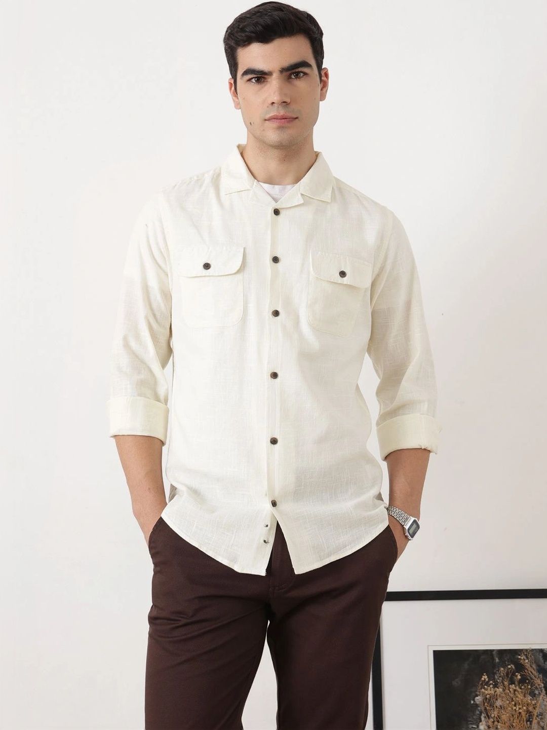 Cream Regular Fit Long Sleeves Cuban Collar Solid Cotton Linen Knitted Shacket For Men