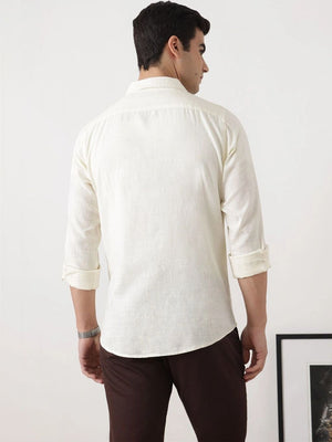 Cream Regular Fit Long Sleeves Cuban Collar Solid Cotton Linen Knitted Shacket For Men