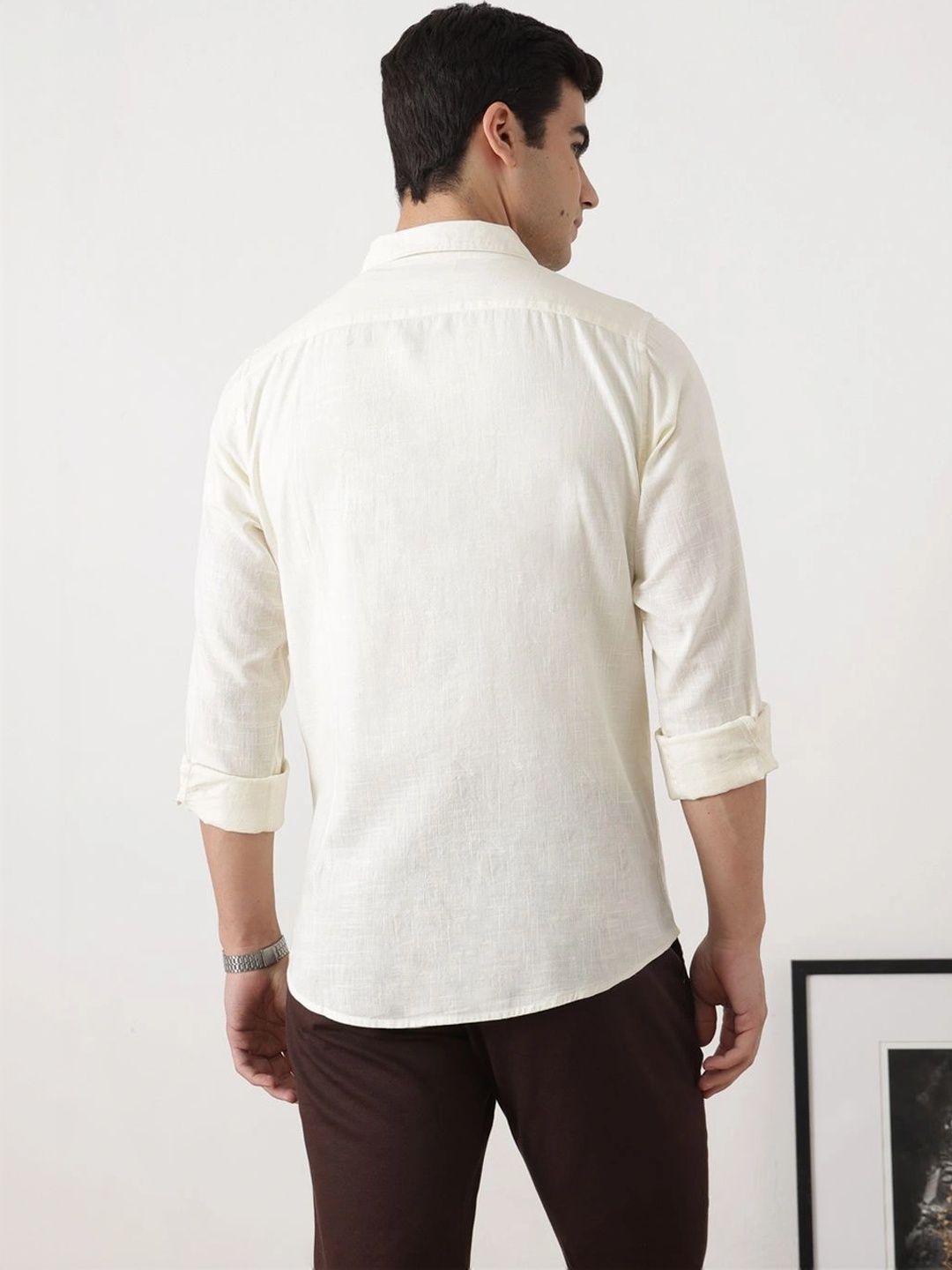 Cream Regular Fit Long Sleeves Cuban Collar Solid Cotton Linen Knitted Shacket For Men