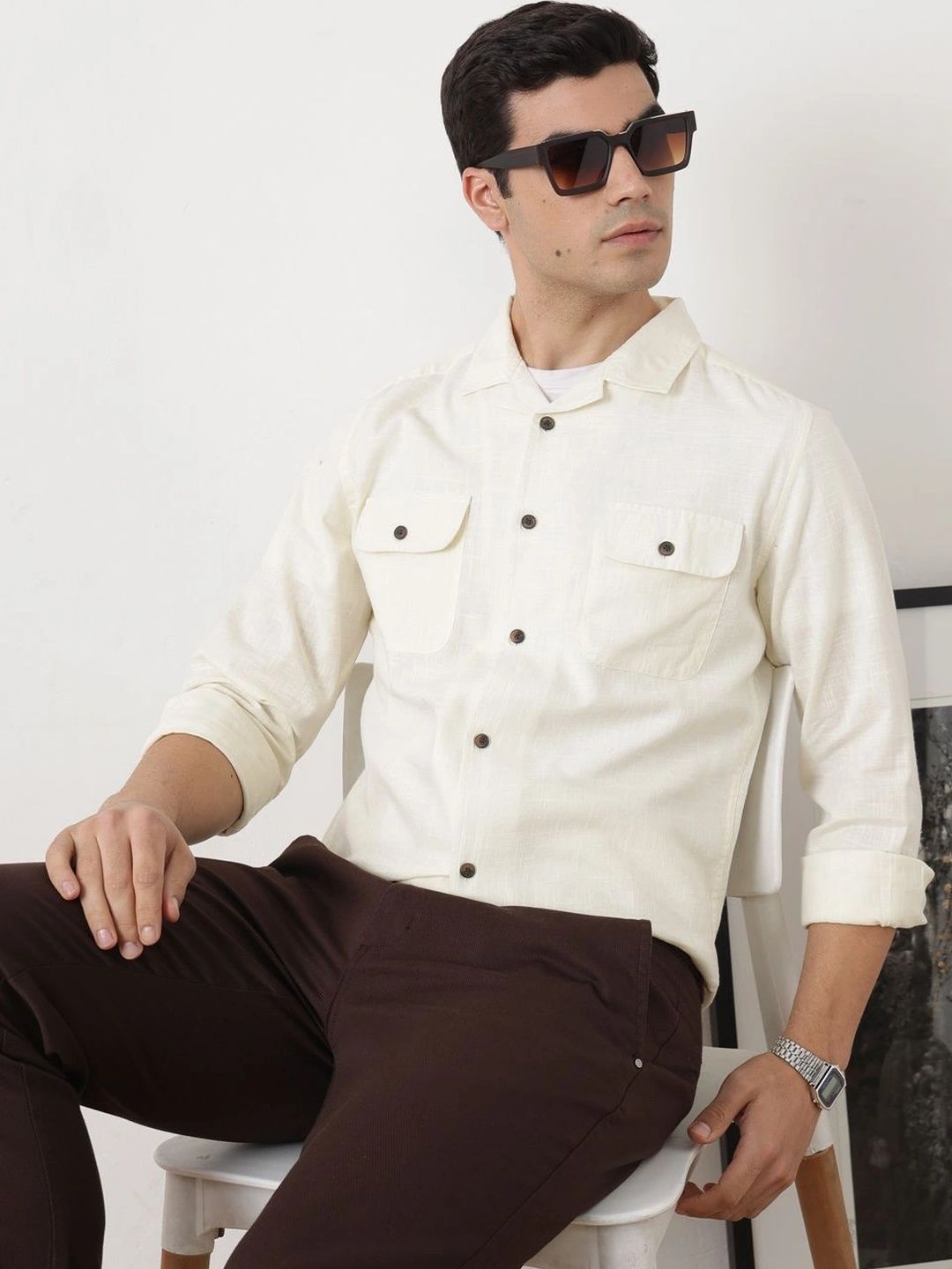 Cream Regular Fit Long Sleeves Cuban Collar Solid Cotton Linen Knitted Shacket For Men