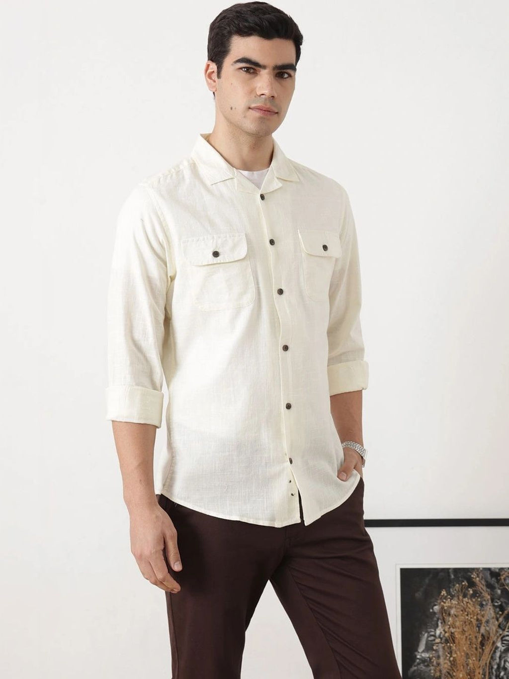 Cream Regular Fit Long Sleeves Cuban Collar Solid Cotton Linen Knitted Shacket For Men