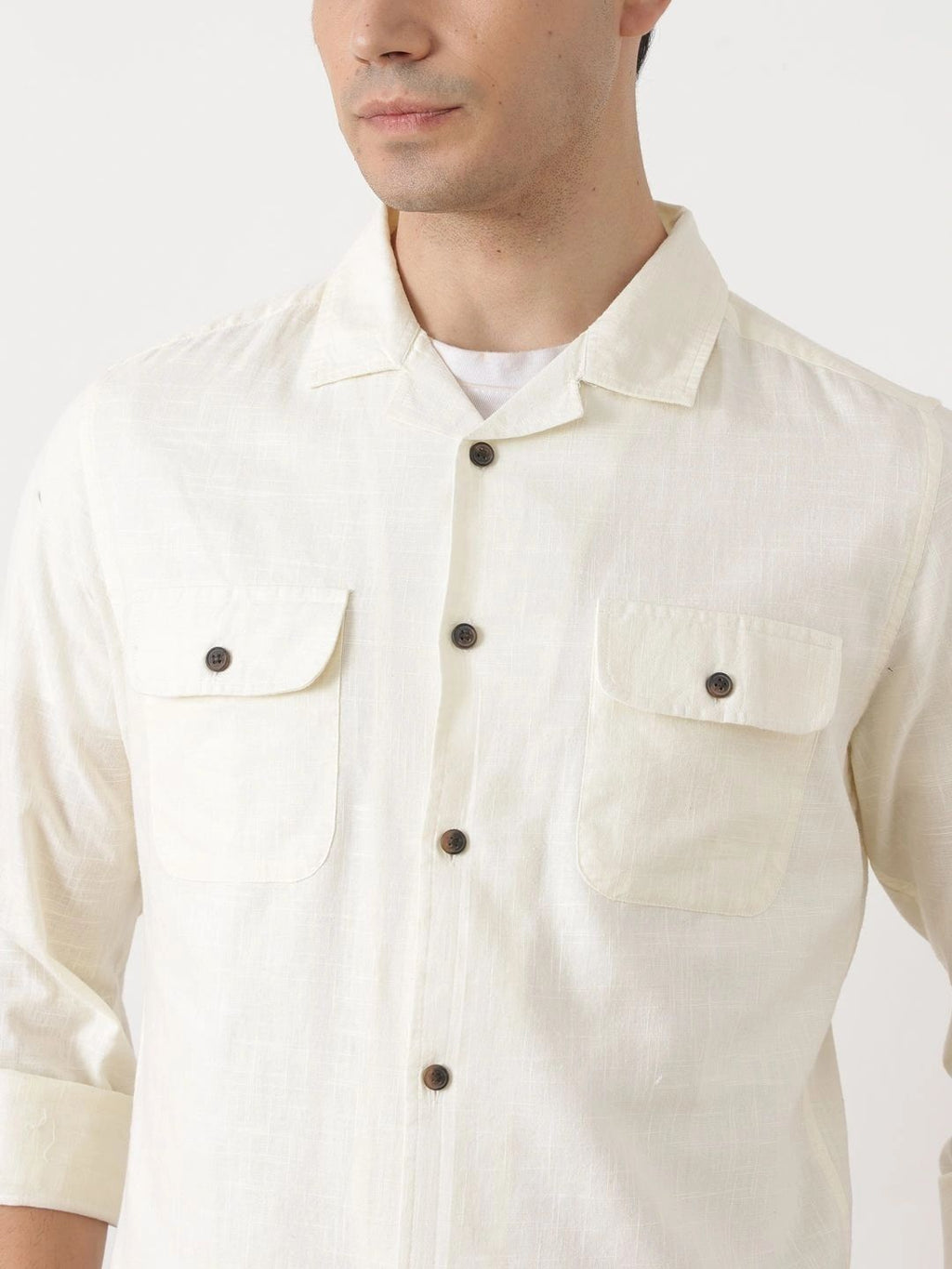 Cream Regular Fit Long Sleeves Cuban Collar Solid Cotton Linen Knitted Shacket For Men