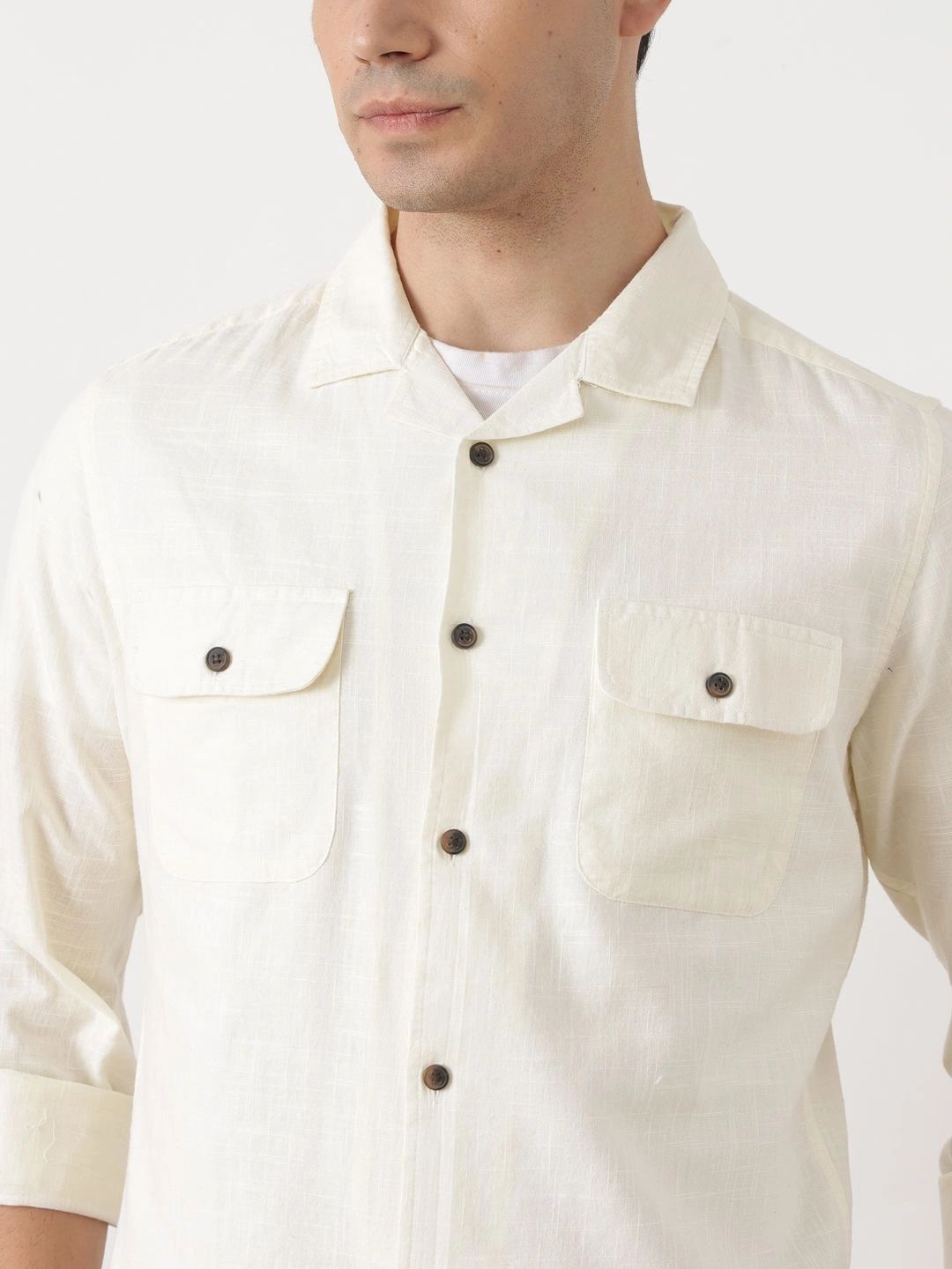 Cream Regular Fit Long Sleeves Cuban Collar Solid Cotton Linen Knitted Shacket For Men