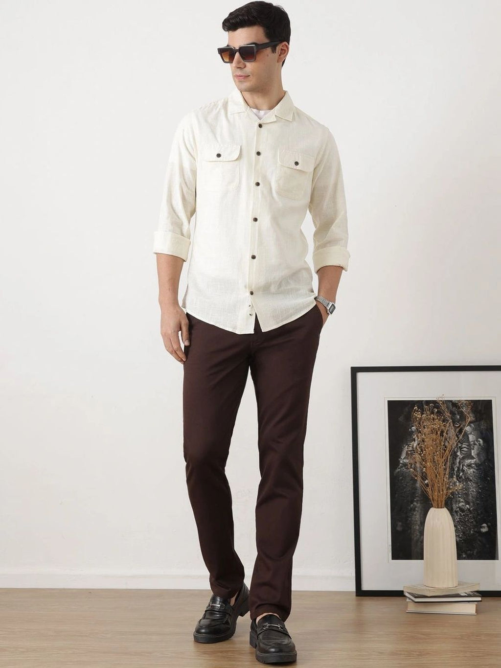 Cream Regular Fit Long Sleeves Cuban Collar Solid Cotton Linen Knitted Shacket For Men