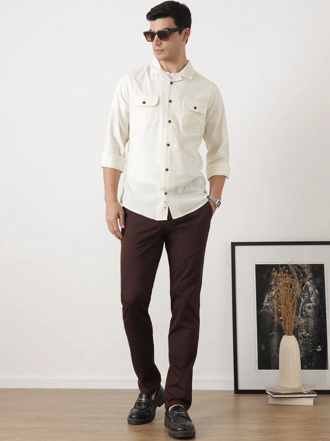 Cream Regular Fit Long Sleeves Cuban Collar Solid Cotton Linen Knitted Shacket For Men