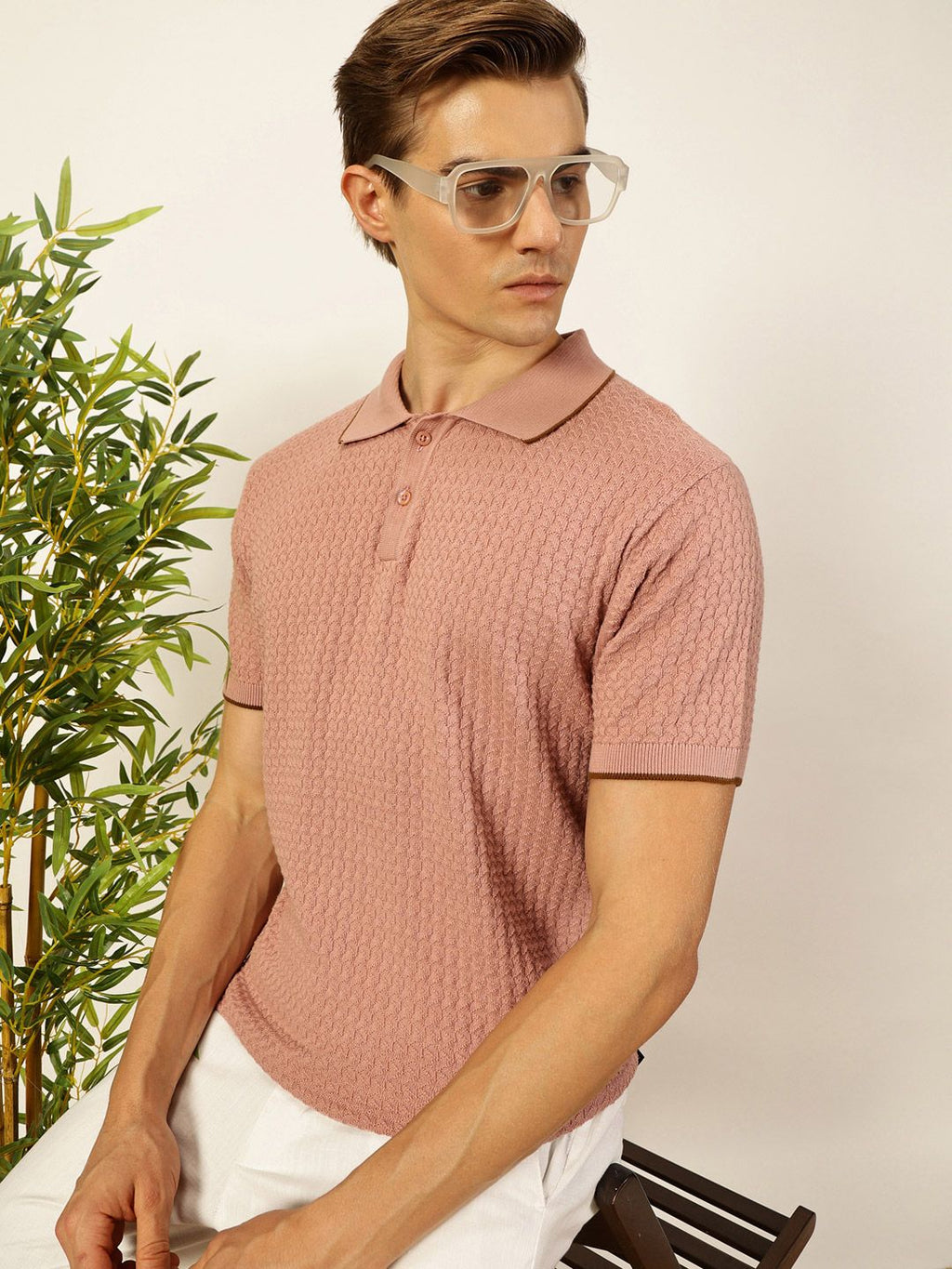 Pink Short Sleeves Regular Fit Self Design Cotton Polo Collar Knitted Tshirts For Men