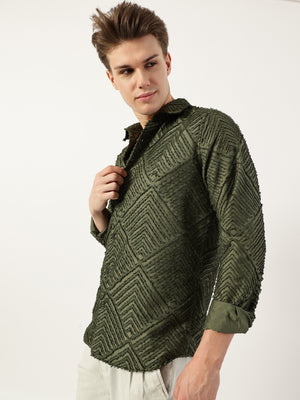 Thomas Scott Men Green Premium Long Sleeves Slim Fit Spread Collar Textured Casual Shirt