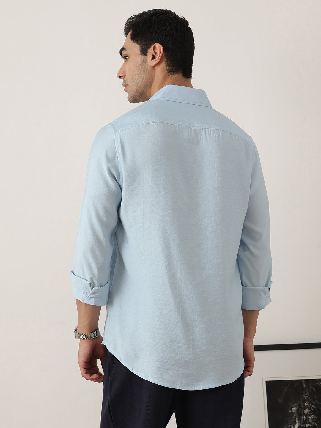 Thomas Scott Men Sky Blue Premium Slim Fit Long Sleeves Semi Cutaway Collar Casual Shirt