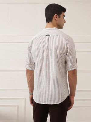 Maroon Regular Fit Vertical Striped Cotton Linen Casual Shirt For Men with Roll-Up Sleeves