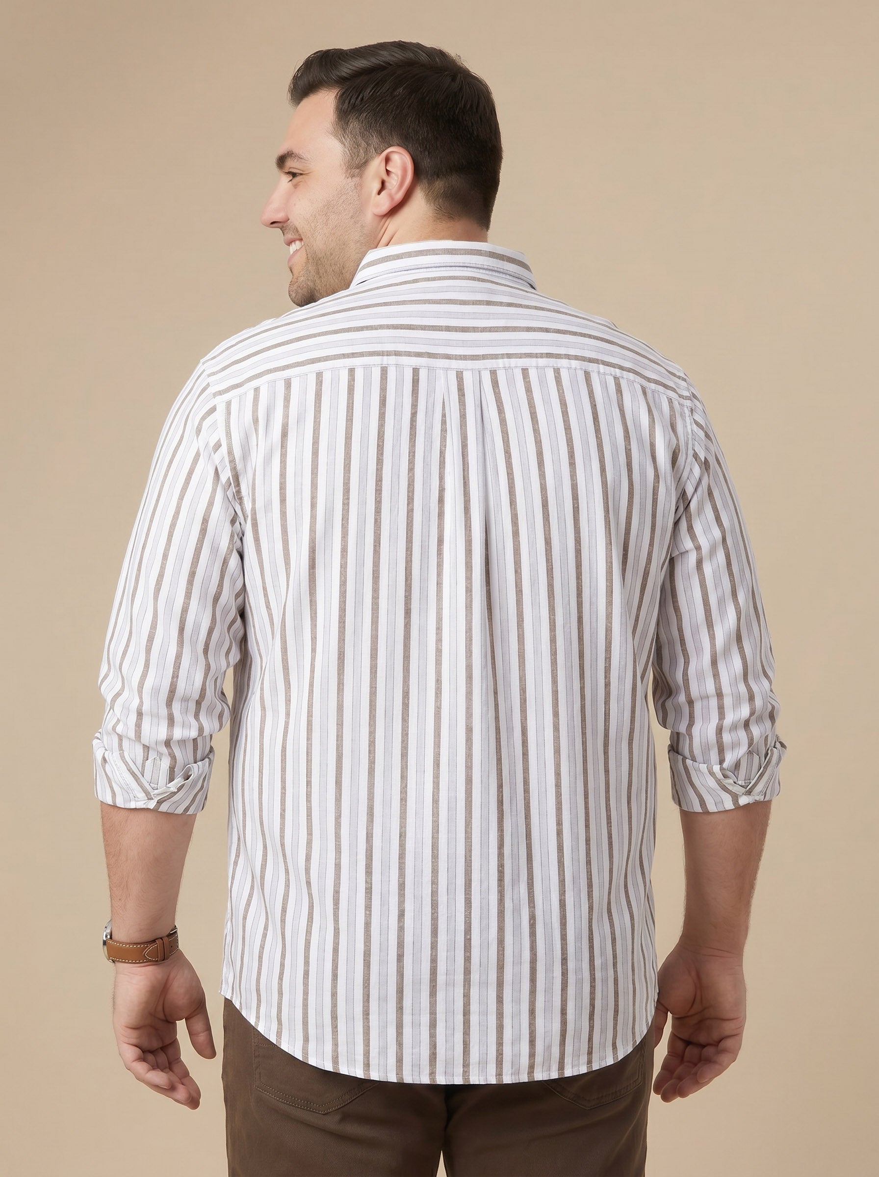 Thomas Scott Men Premium White Plus Size Regular Fit Long Sleeves Button Down Collar Vertical Stripes Cotton Linen Casual Shirt