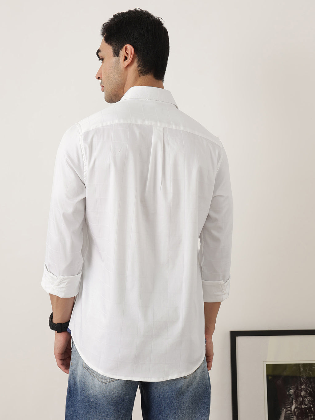 Thomas Scott Men Premium White Optical Regular Fit Long Sleeves Spread Collar Windowpane Checks Cotton Lycra Casual Shirt