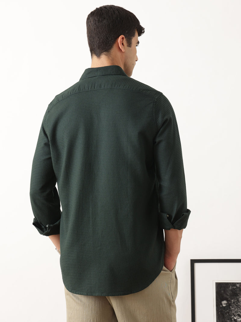 Thomas Scott Men Premium Green Regular Fit Long Sleeves Spread Collar Textured Casual Shirt