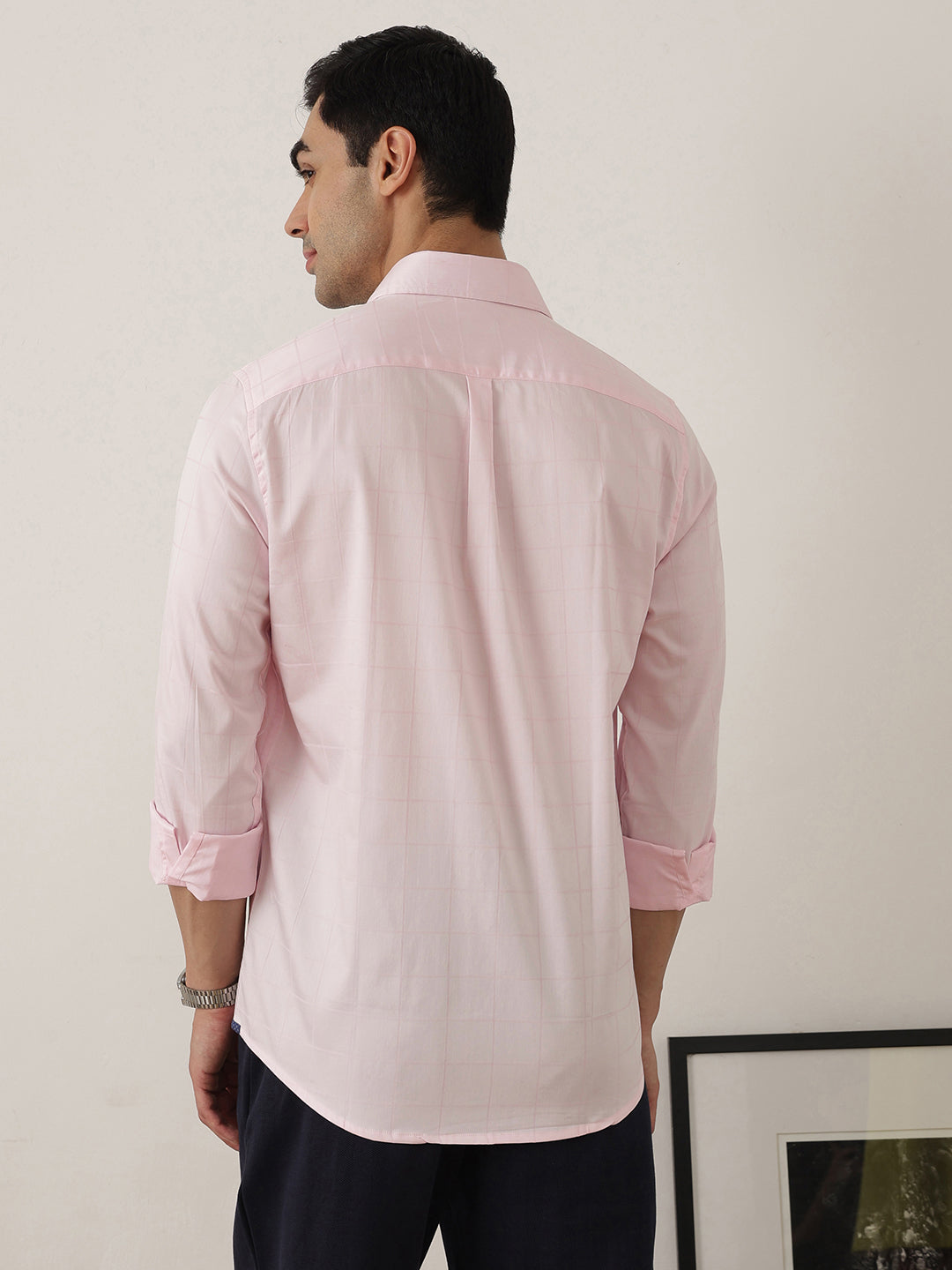 Thomas Scott Men Premium Pink Regular Fit Long Sleeves Spread Collar Windowpane Checks Cotton Lycra Casual Shirt