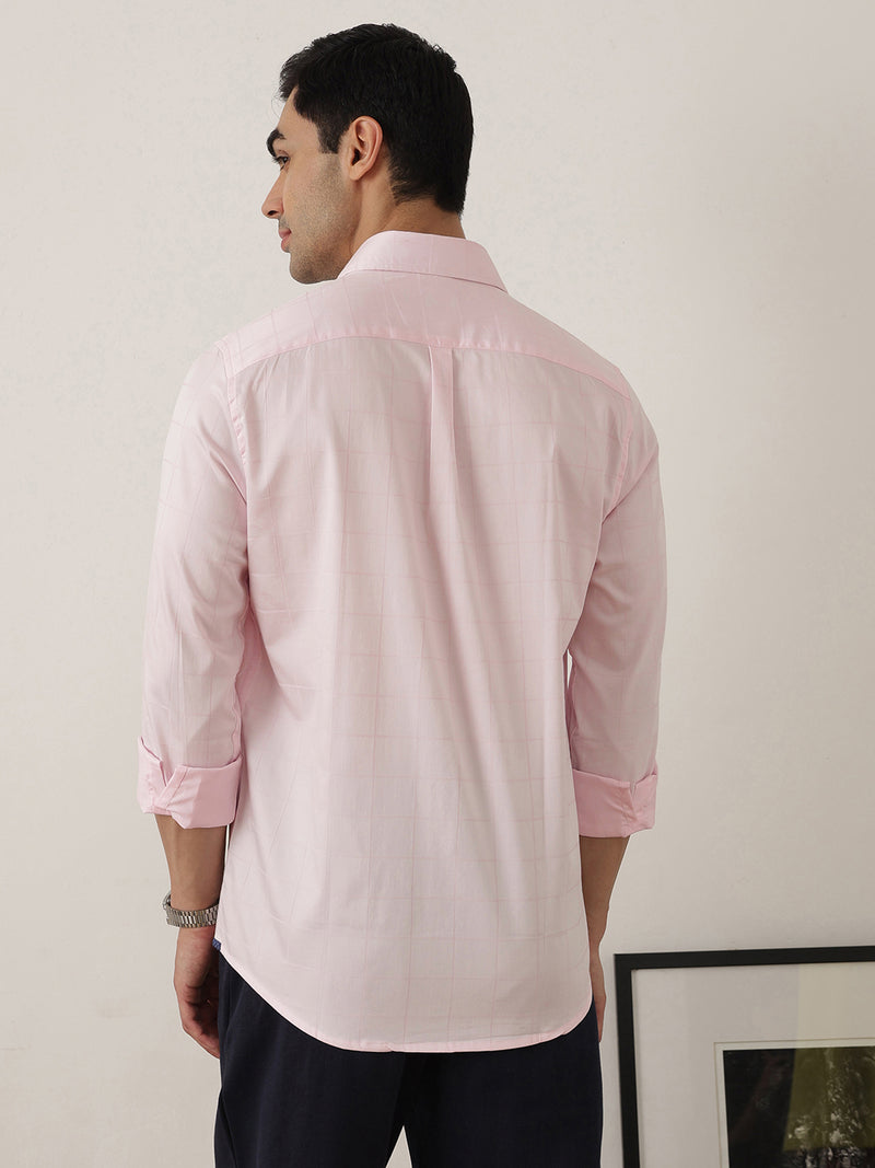 Thomas Scott Men Premium Pink Regular Fit Long Sleeves Spread Collar Windowpane Checks Cotton Lycra Casual Shirt