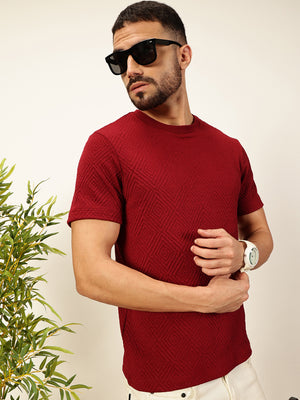 Thomas Scott Men Maroon Regular Fit Short Sleeves Round Neck Solid Knitted Tshirt