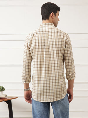 Khaki Premium Slim Fit Graphic Checked Cotton Linen Casual Shirt For Men