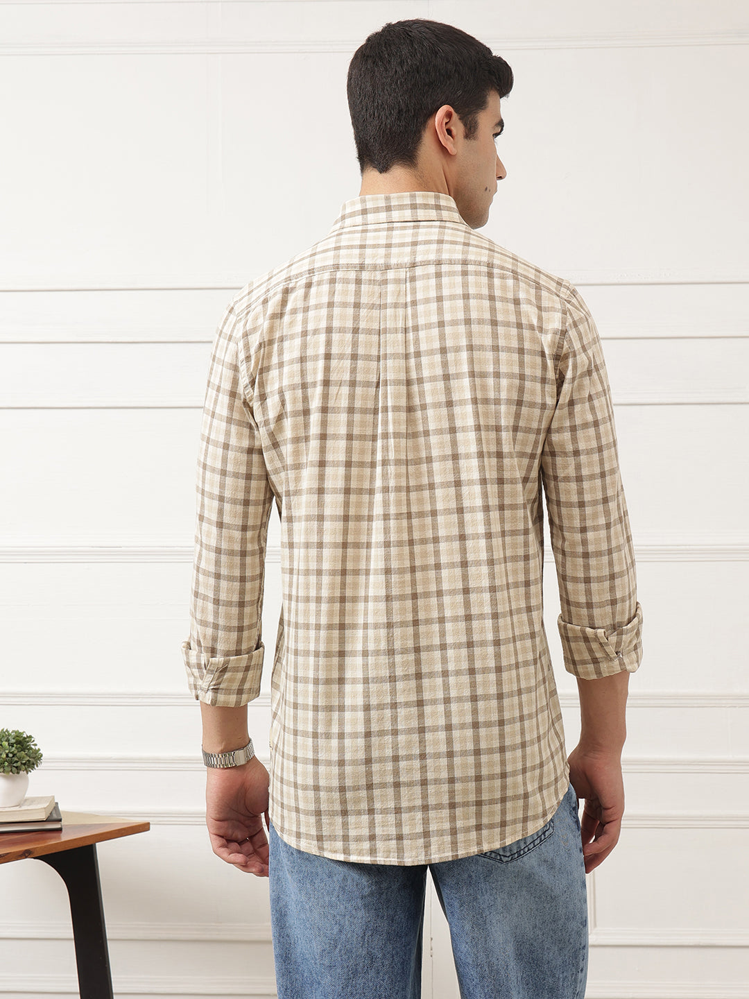 Khaki Premium Slim Fit Graphic Checked Cotton Linen Casual Shirt For Men