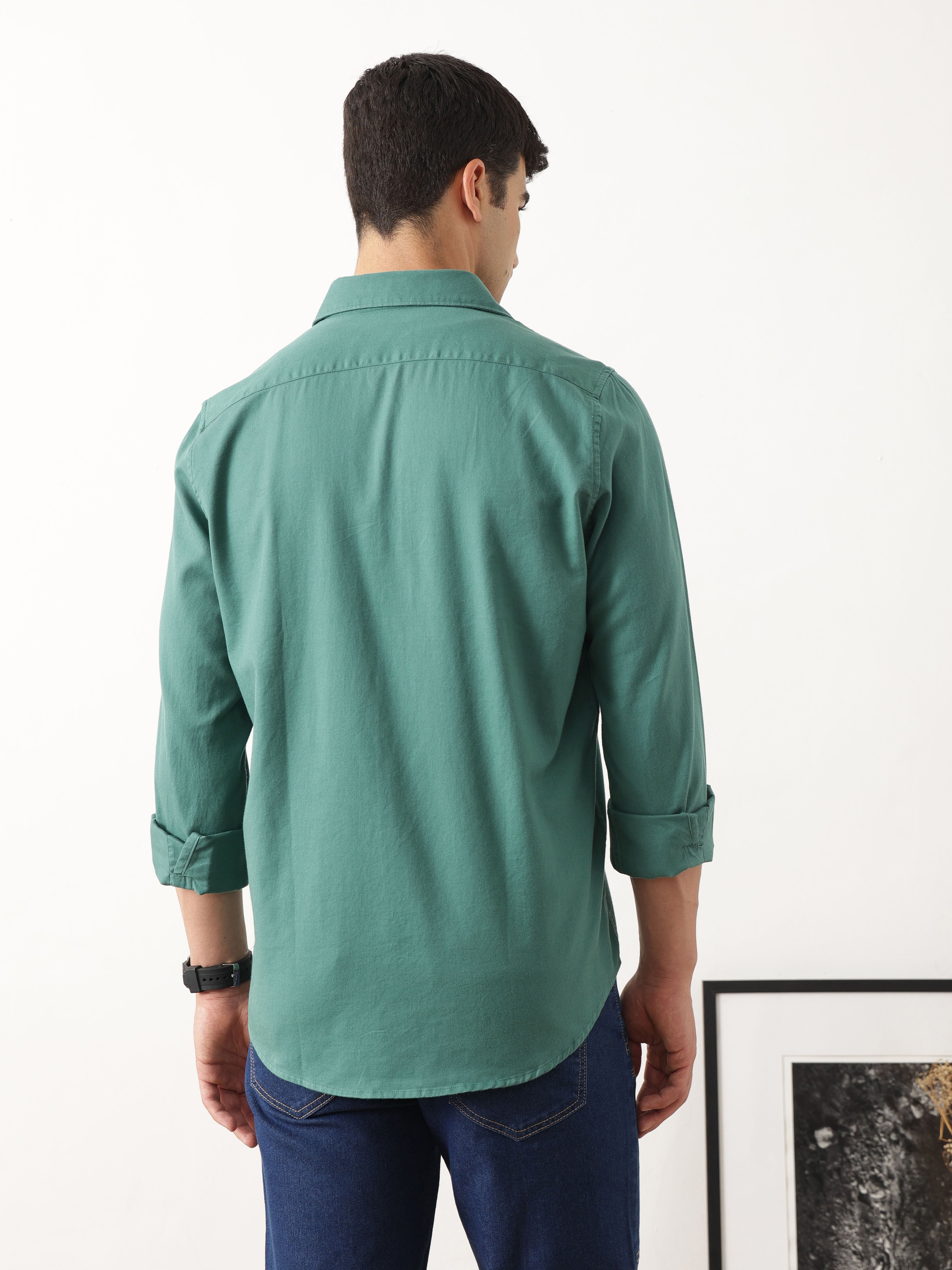 Thomas Scott Men Relaxed Olive Slim Fit Long Sleeves Spread Collar Solid Cotton Casual Shirt