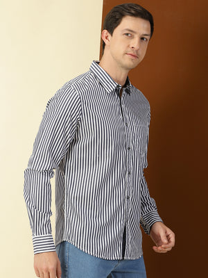 Thomas Scott Men Dark Navy Classic Slim Fit Long Sleeves Spread Collar Vertical Stripes Cotton Casual Shirt