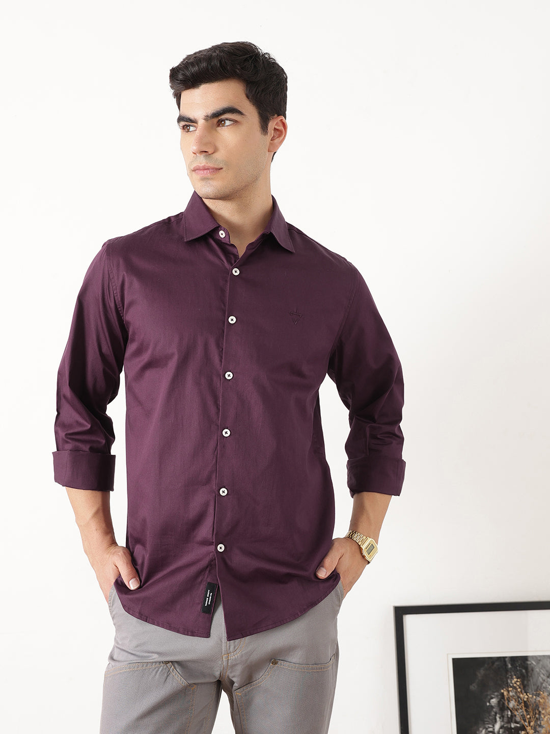 Wine Premium Slim Fit Solid Cotton Casual Shirt For Men