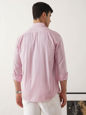 Thomas Scott Men Premium Pink Slim Fit Long Sleeves Spread Collar Gingham Checks Cotton Linen Casual Shirt