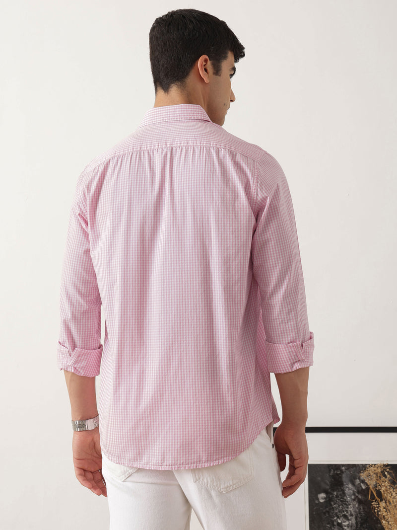Thomas Scott Men Premium Pink Slim Fit Long Sleeves Spread Collar Gingham Checks Cotton Linen Casual Shirt