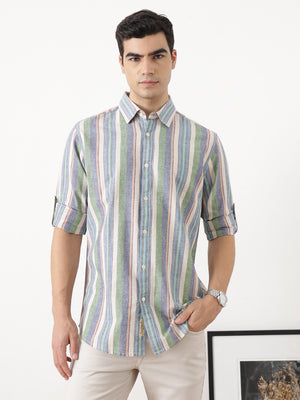 NaturalB Regular Fit Roll-Up Sleeve Spread Collar Vertical Striped Cotton Linen Casual Shirt For Men