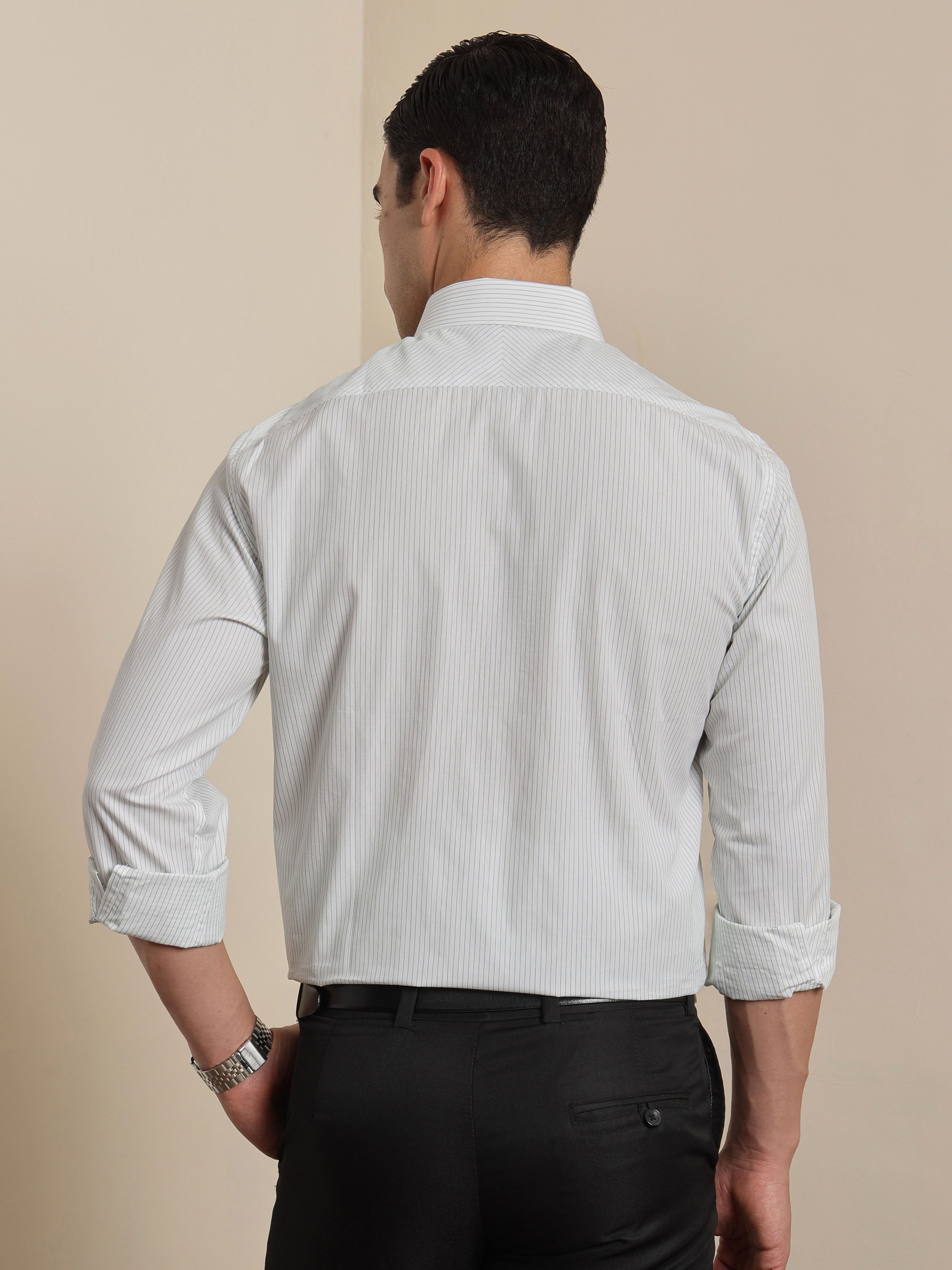 Thomas Scott Men Premium Green Regular Fit Vertical Striped Cotton Formal Shirt with Spread Collar & Full Sleeves