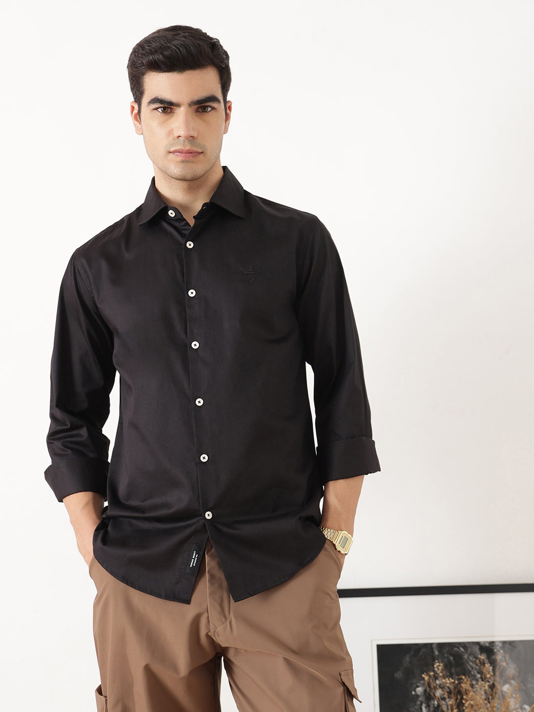 Black Premium Slim Fit Solid Cotton Casual Shirt For Men