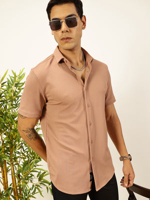 Thomas Scott Men Peach Premium Slim Fit Short Sleeves Vertical Stripes Casual Shirt