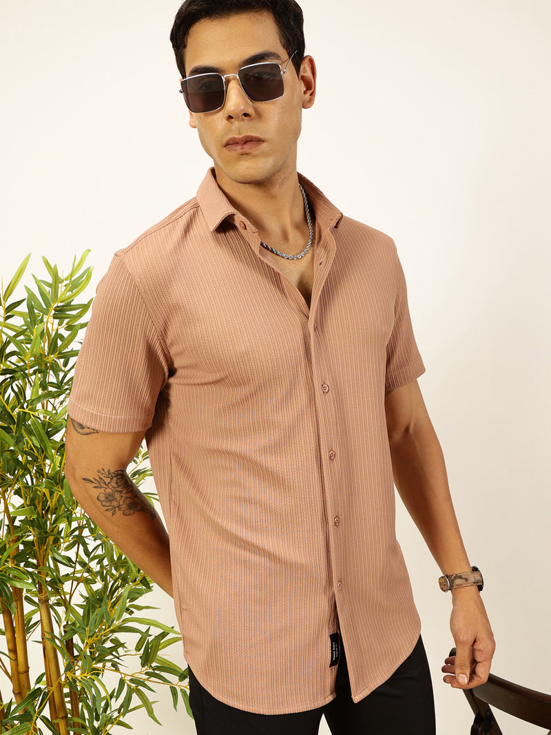 Thomas Scott Men Peach Premium Slim Fit Short Sleeves Vertical Stripes Casual Shirt