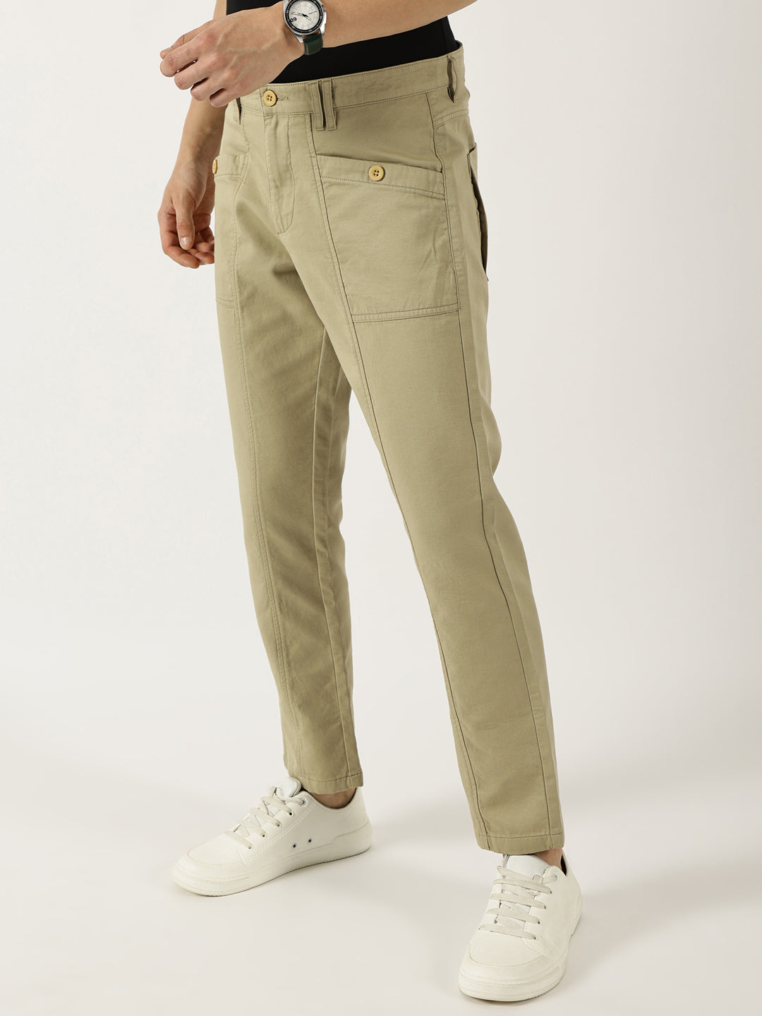Thomas Scott Men Beige Smart Easy Wash Cargos Trousers