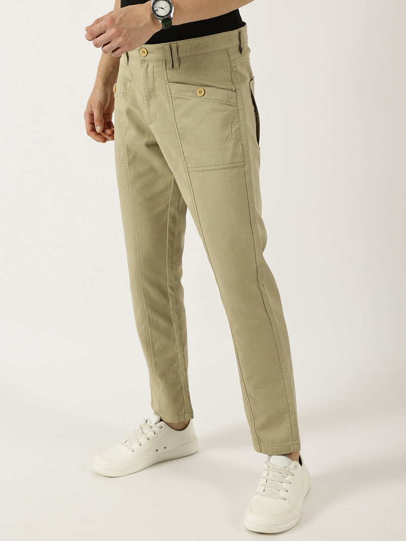 Thomas Scott Men Beige Smart Easy Wash Cargos Trousers