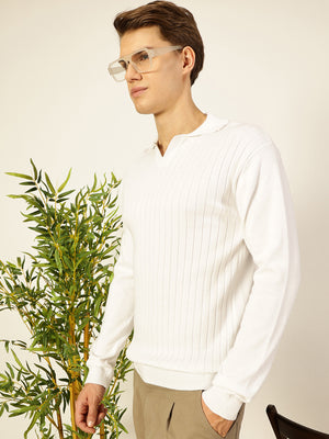 White Regular Fit Long Sleeves Textured Tshirt
