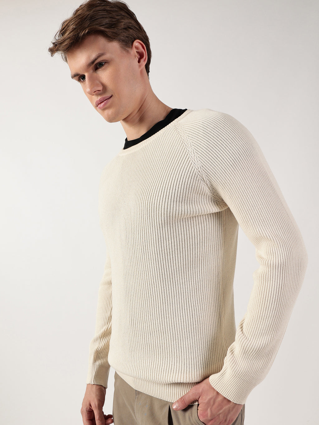 Thomas Scott Men Ribbed Self Design Round Neck Cotton Pullover Ribbed Sweater