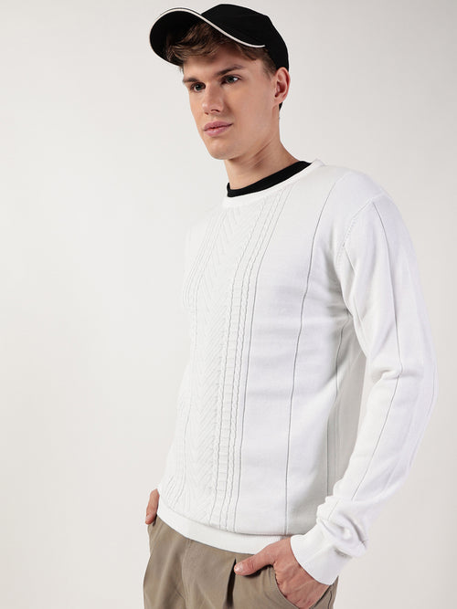 Thomas Scott Men Cable Knit Round Neck Cotton Pullover Ribbed Sweater