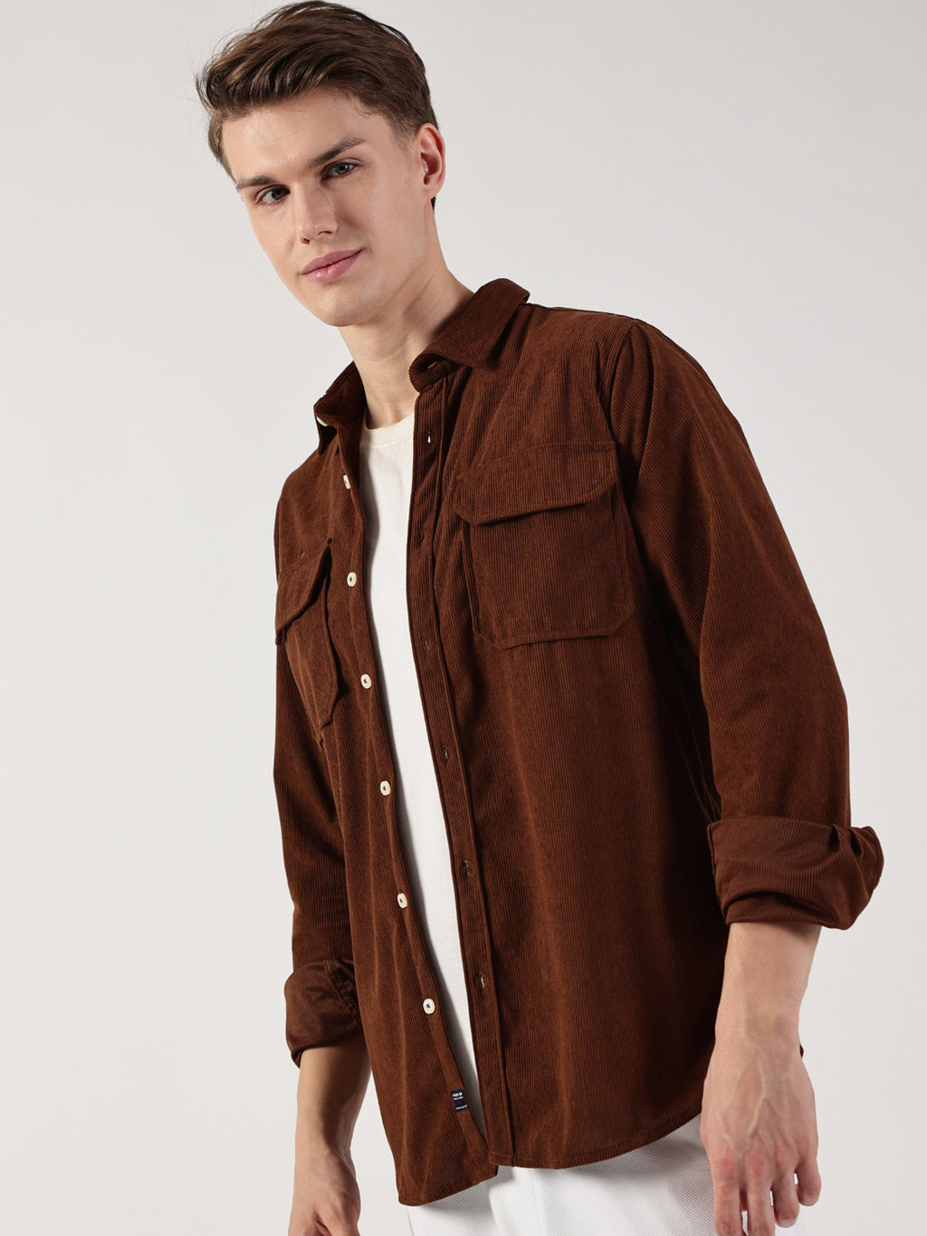 Brown Premium Slim Fit Opaque Corduroy Casual Shirt