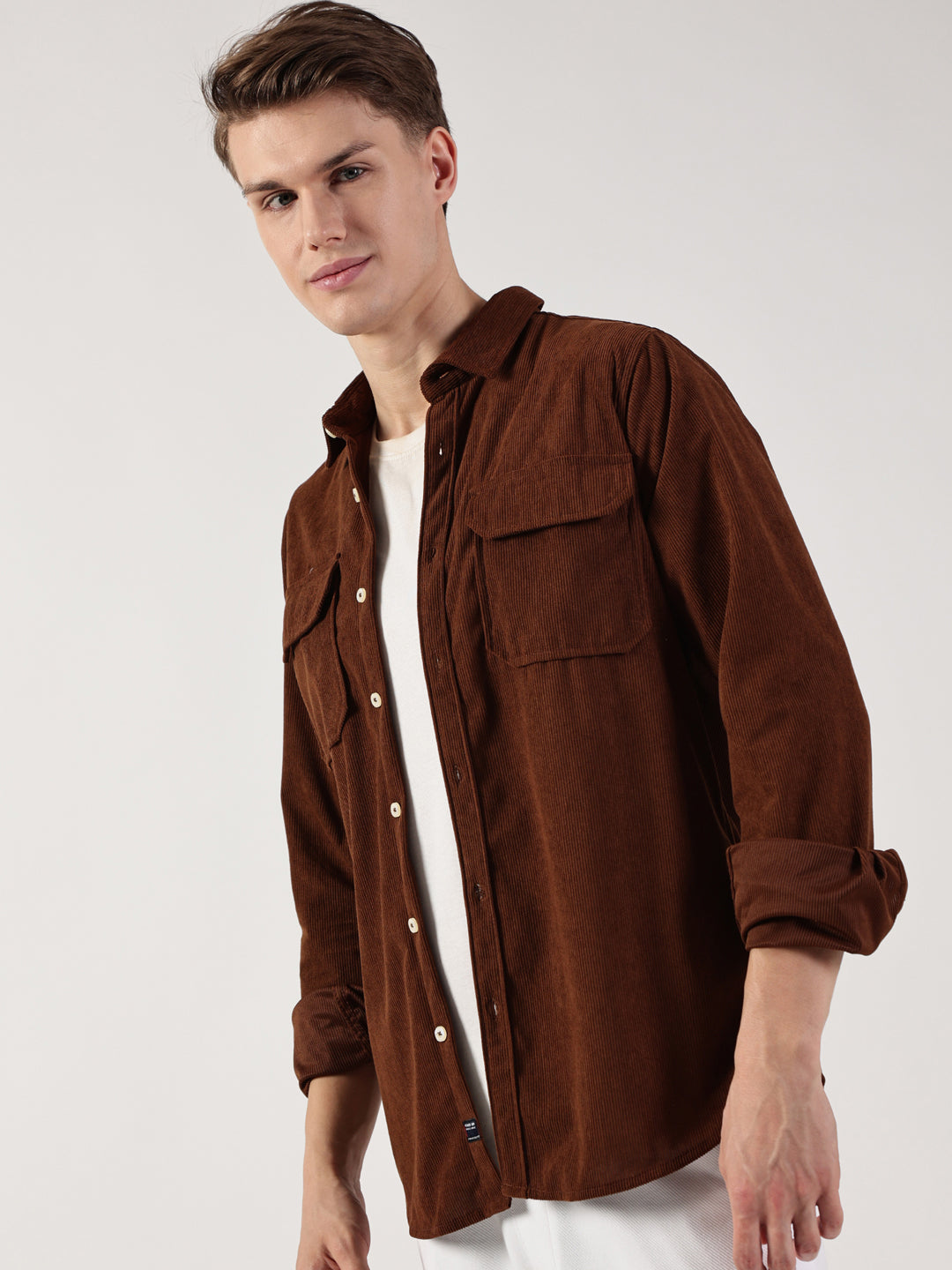 Brown Premium Slim Fit Opaque Corduroy Casual Shirt