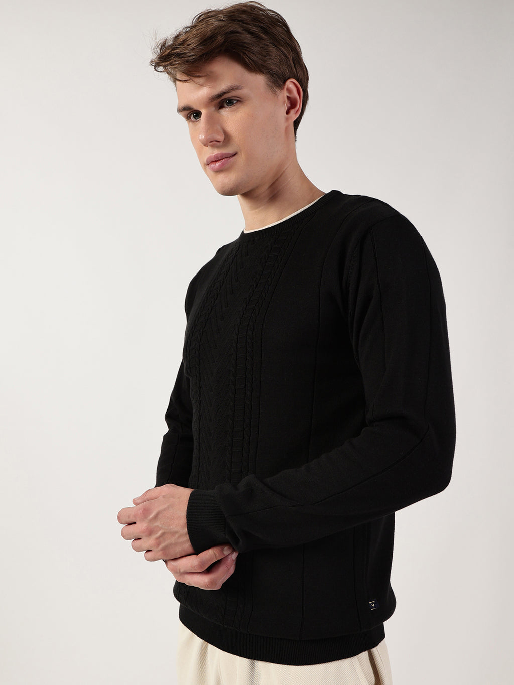 Thomas Scott Men Cable Knit Round Neck Cotton Pullover Ribbed Sweater