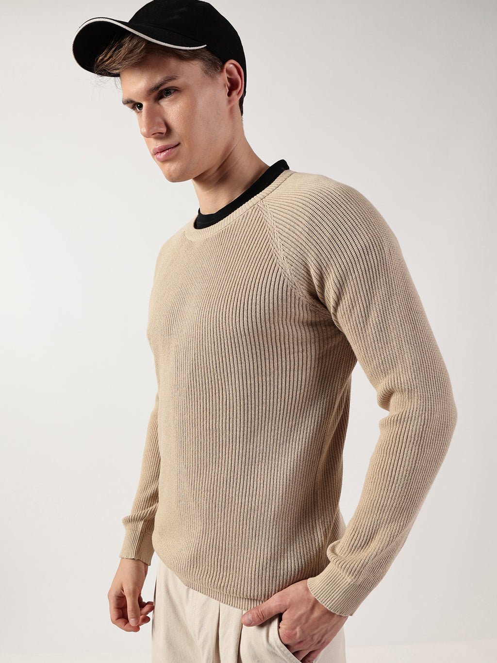 Thomas Scott Men Ribbed Self Design Round Neck Cotton Pullover Ribbed Sweater