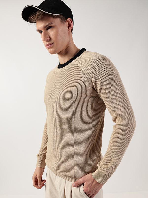 Thomas Scott Men Ribbed Self Design Round Neck Cotton Pullover Ribbed Sweater