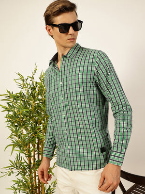 Thomas Scott Men Smart Spread Collar Micro Checked Cotton Slim Fit Casual Shirt
